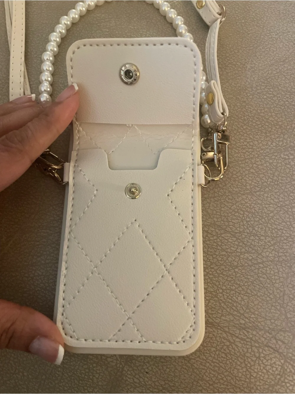 Brand New White Quilted Crossbody Phone Bag with Pearl Handle for iPhone 12 Pro